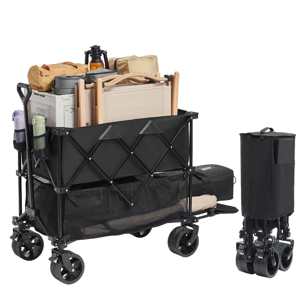 Foldable Double Decker Wagon, 400L Collapsible Wagon Cart with All-Terrain Wheels, Heavy Duty Folding Wagon Cart 350-450 lbs Weight Capacity for Camping, Garden, 52" Extra Long Extender