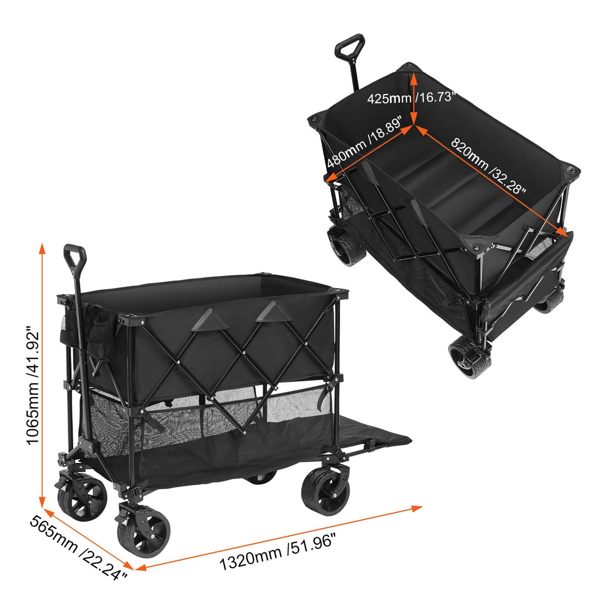 Foldable Double Decker Wagon, 400L Collapsible Wagon Cart with All-Terrain Wheels, Heavy Duty Folding Wagon Cart 350-450 lbs Weight Capacity for Camping, Garden, 52" Extra Long Extender