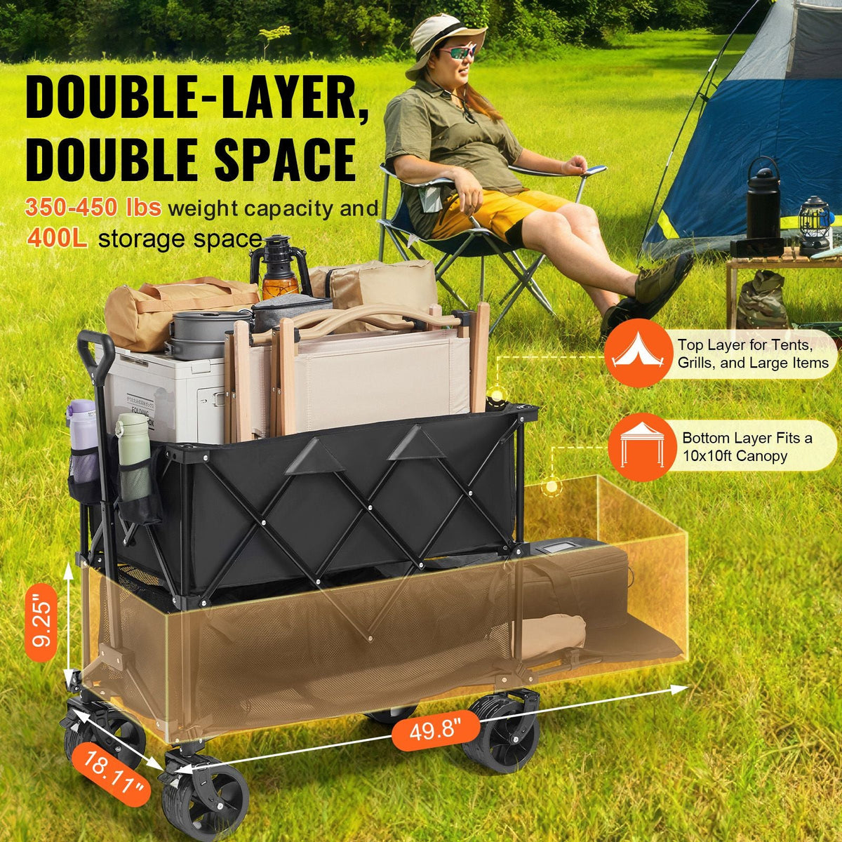 Foldable Double Decker Wagon, 400L Collapsible Wagon Cart with All-Terrain Wheels, Heavy Duty Folding Wagon Cart 350-450 lbs Weight Capacity for Camping, Garden, 52" Extra Long Extender