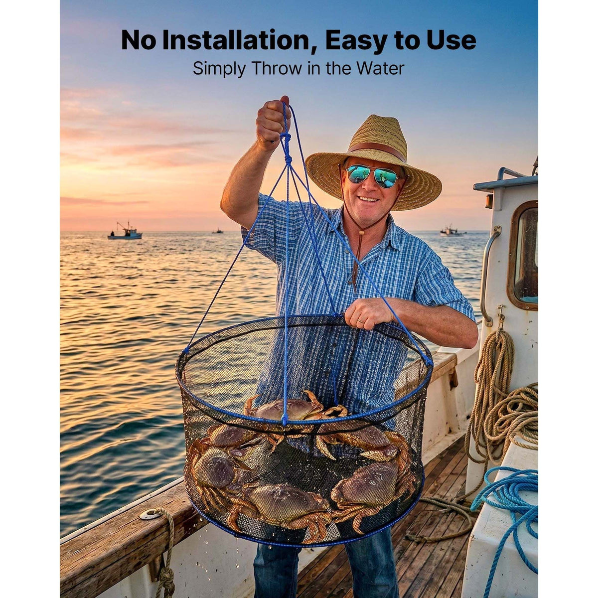 Foldable Fishing Net, Landing Fishing Pier Nets, Portable Drop Net for Pulling up Fish, Durable and Fish-friendly, with Rope and Storage Bag, for Minnows, Crawfish, Shrimp, Crab
