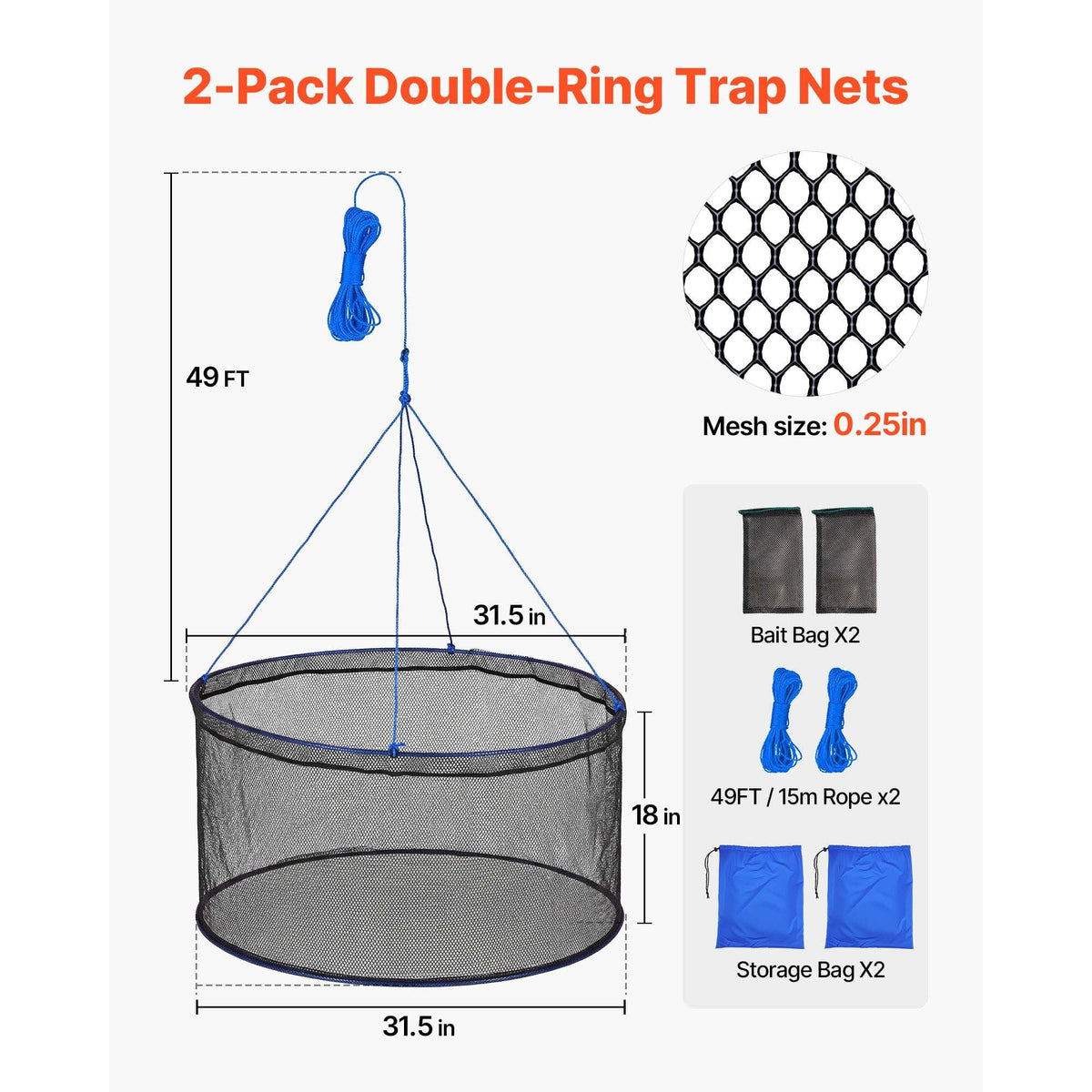 Foldable Fishing Net, Landing Fishing Pier Nets, Portable Drop Net for Pulling up Fish, Durable and Fish-friendly, with Rope and Storage Bag, for Minnows, Crawfish, Shrimp, Crab