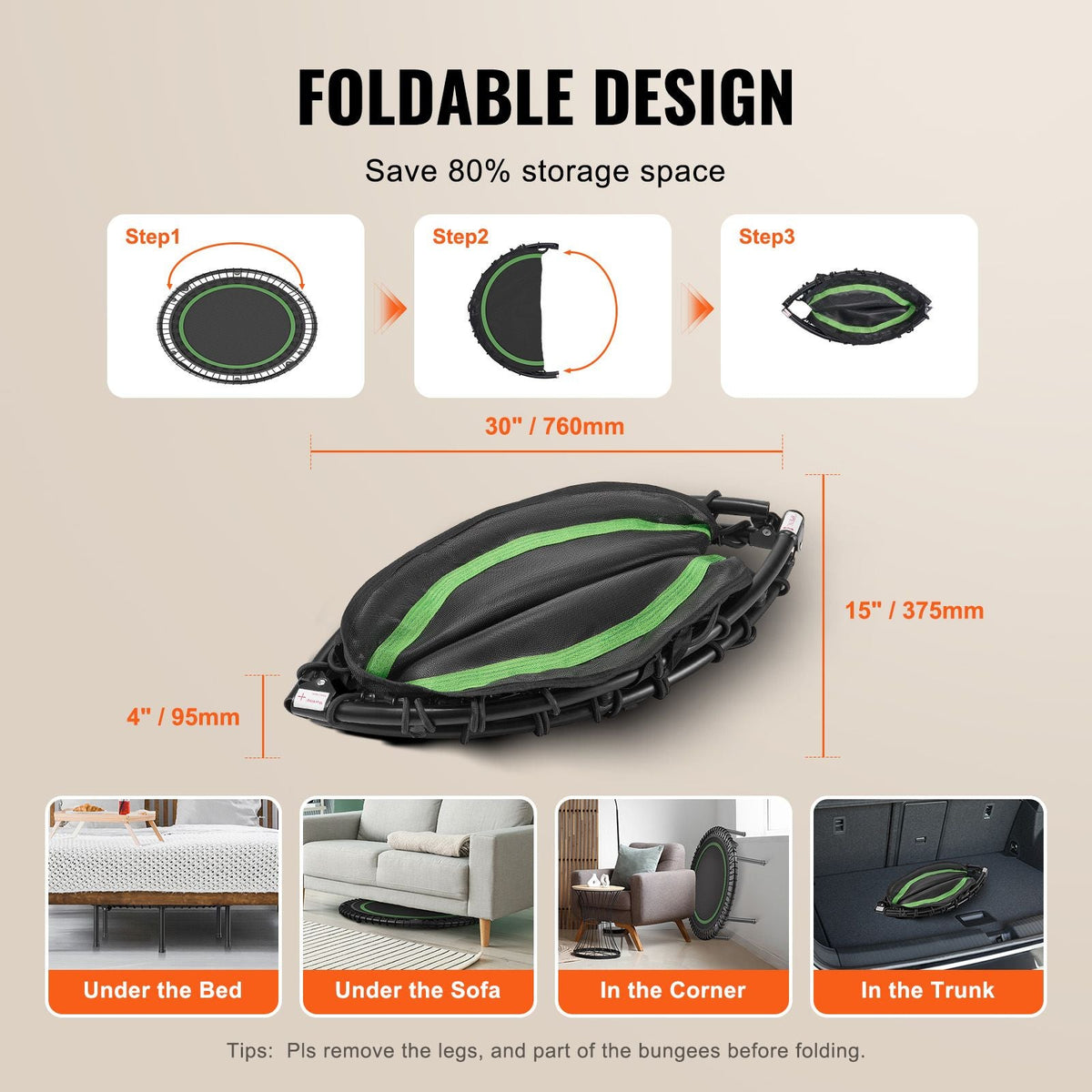 Foldable Mini Trampoline, 40 Inch Fitness Rebounder, Max Load 330 lbs Exercise Trampoline, Stable & Quiet Indoor Small Workout Trampoline, Mini Trampoline for Adults Indoor/Garden Workout