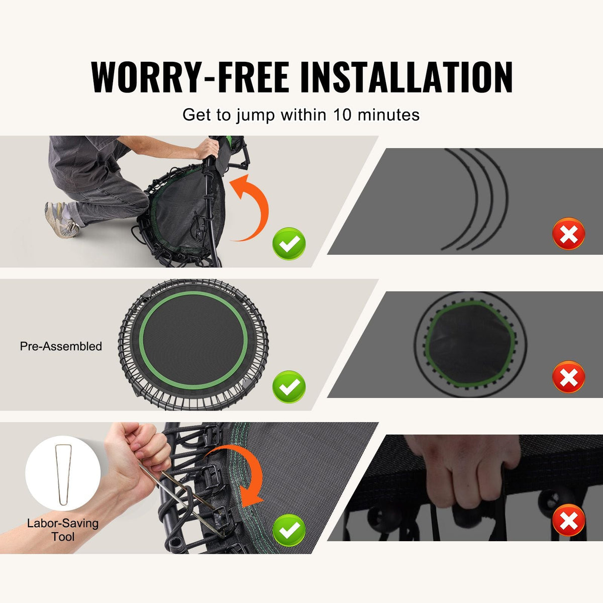 Foldable Mini Trampoline, 40 Inch Fitness Rebounder, Max Load 330lbs Exercise Trampoline, Stable & Quiet Trampoline with 4 Level Height Adjustable Foam Handle, for Adults Indoor/Garden Workout