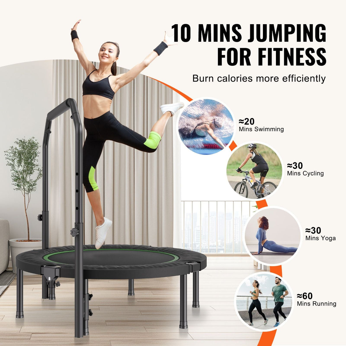 Foldable Mini Trampoline, 40 Inch Fitness Rebounder, Max Load 330lbs Exercise Trampoline, Stable & Quiet Trampoline with 4 Level Height Adjustable Foam Handle, for Adults Indoor/Garden Workout