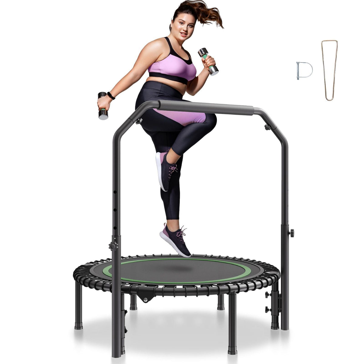 Foldable Mini Trampoline, 40 Inch Fitness Rebounder, Max Load 330lbs Exercise Trampoline, Stable & Quiet Trampoline with 4 Level Height Adjustable Foam Handle, for Adults Indoor/Garden Workout