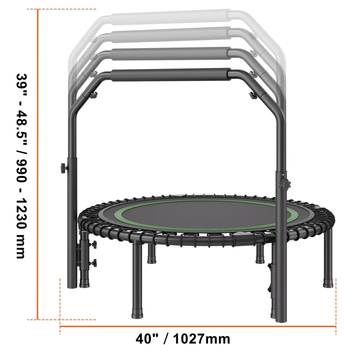 Foldable Mini Trampoline, 40 Inch Fitness Rebounder, Max Load 330lbs Exercise Trampoline, Stable & Quiet Trampoline with 4 Level Height Adjustable Foam Handle, for Adults Indoor/Garden Workout