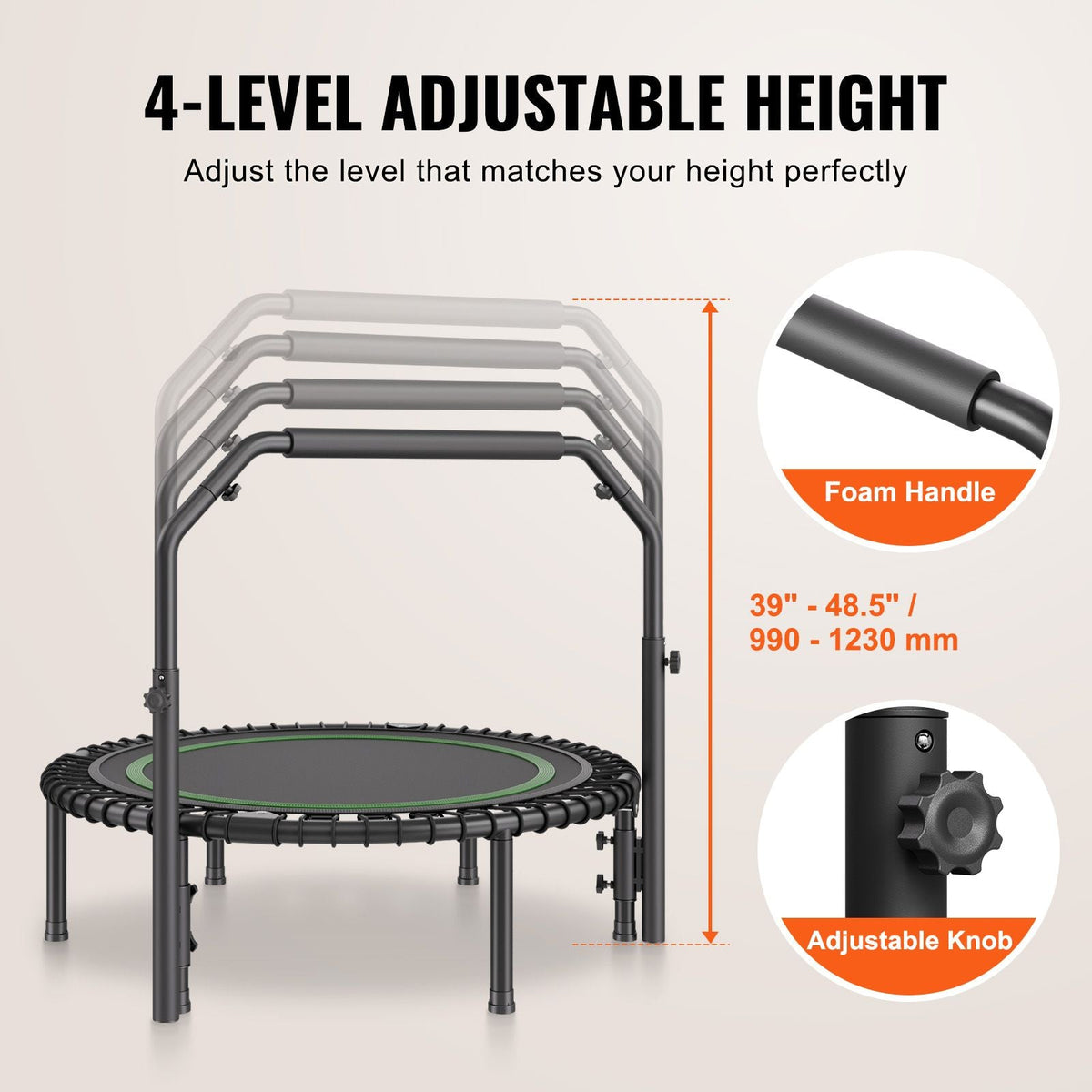 Foldable Mini Trampoline, 40 Inch Fitness Rebounder, Max Load 330lbs Exercise Trampoline, Stable & Quiet Trampoline with 4 Level Height Adjustable Foam Handle, for Adults Indoor/Garden Workout