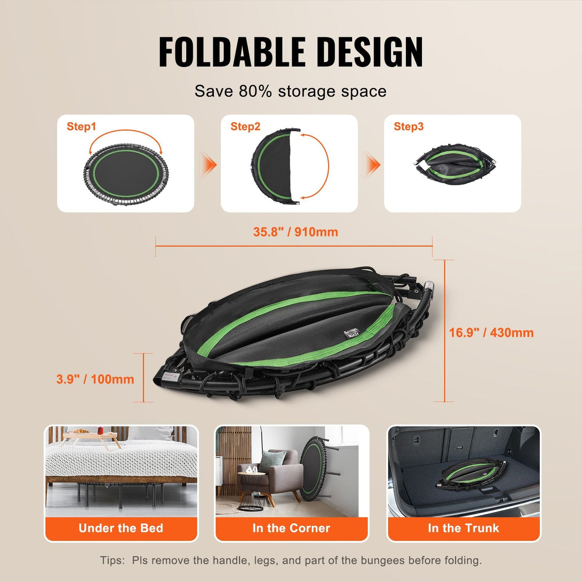 Foldable Mini Trampoline, 51 Inch Fitness Rebounder, Max Load 450lbs Exercise Trampoline, Stable & Quiet Trampoline with 4 Level Height Adjustable Foam Handle, for Adults Indoor/Garden Workout