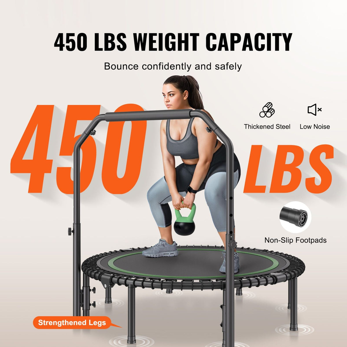 Foldable Mini Trampoline, 51 Inch Fitness Rebounder, Max Load 450lbs Exercise Trampoline, Stable & Quiet Trampoline with 4 Level Height Adjustable Foam Handle, for Adults Indoor/Garden Workout