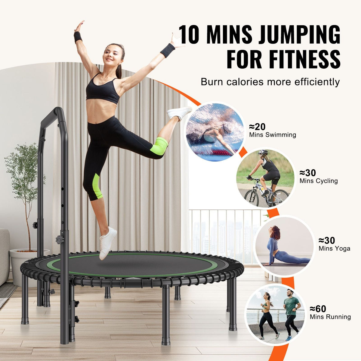 Foldable Mini Trampoline, 51 Inch Fitness Rebounder, Max Load 450lbs Exercise Trampoline, Stable & Quiet Trampoline with 4 Level Height Adjustable Foam Handle, for Adults Indoor/Garden Workout