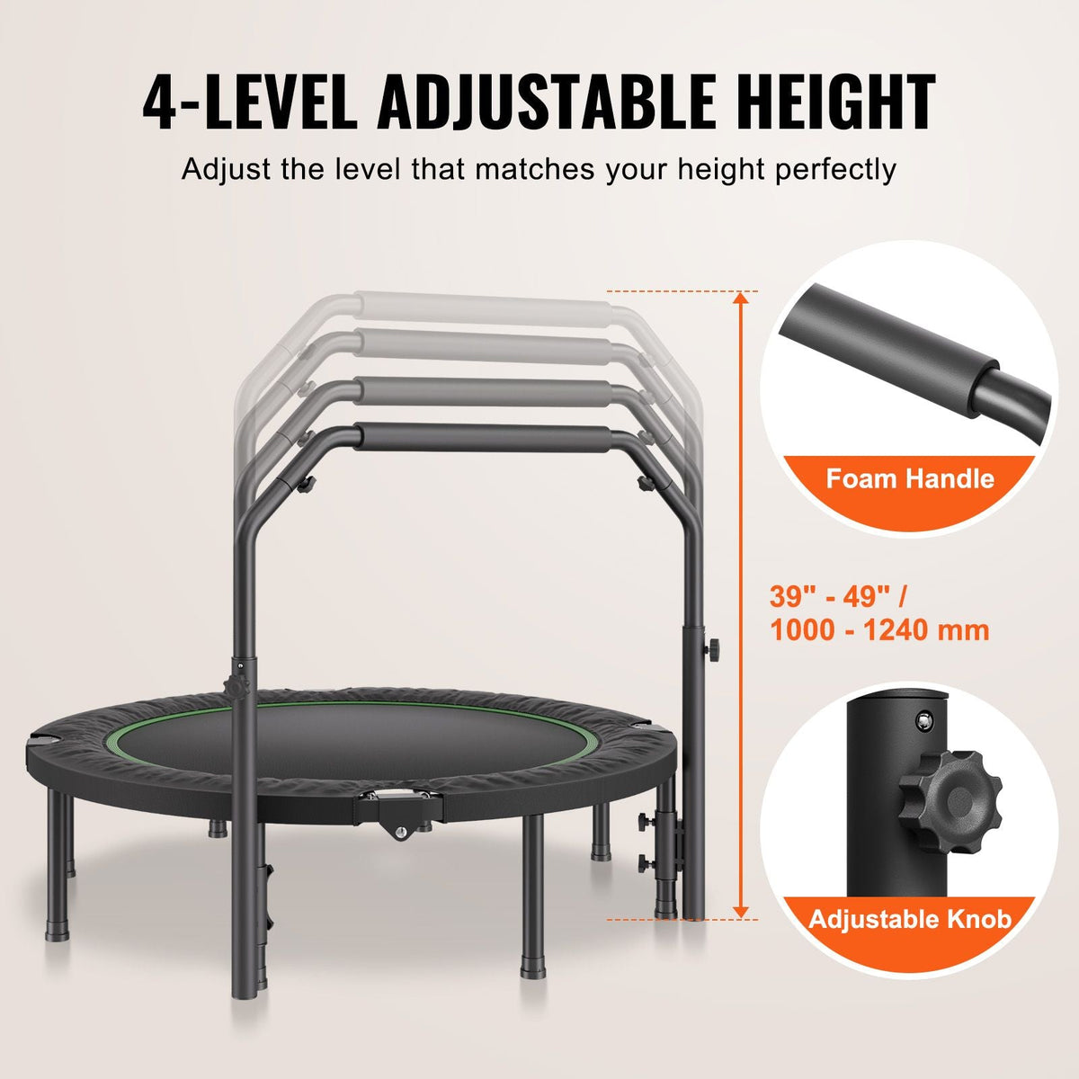 Foldable Mini Trampoline, 52 Inch Fitness Rebounder, Max Load 450lbs Exercise Trampoline, Stable & Quiet Trampoline with 4 Level Height Adjustable Foam Handle, for Adults Indoor/Garden Workout