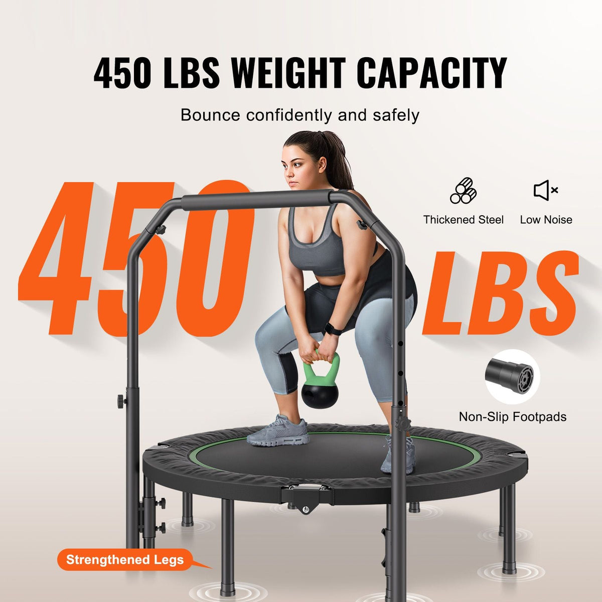Foldable Mini Trampoline, 52 Inch Fitness Rebounder, Max Load 450lbs Exercise Trampoline, Stable & Quiet Trampoline with 4 Level Height Adjustable Foam Handle, for Adults Indoor/Garden Workout