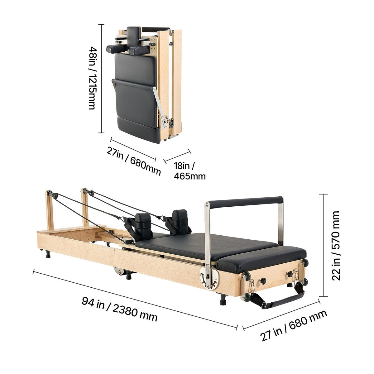 Foldable Pilates Reformer, Wooden Pilates Workout Machine for Home Gym Studio Use, Pilates Bed with Dual Resistance- Spring & Cord, Reformer Set with Sitting Box, Up to 400 LBS