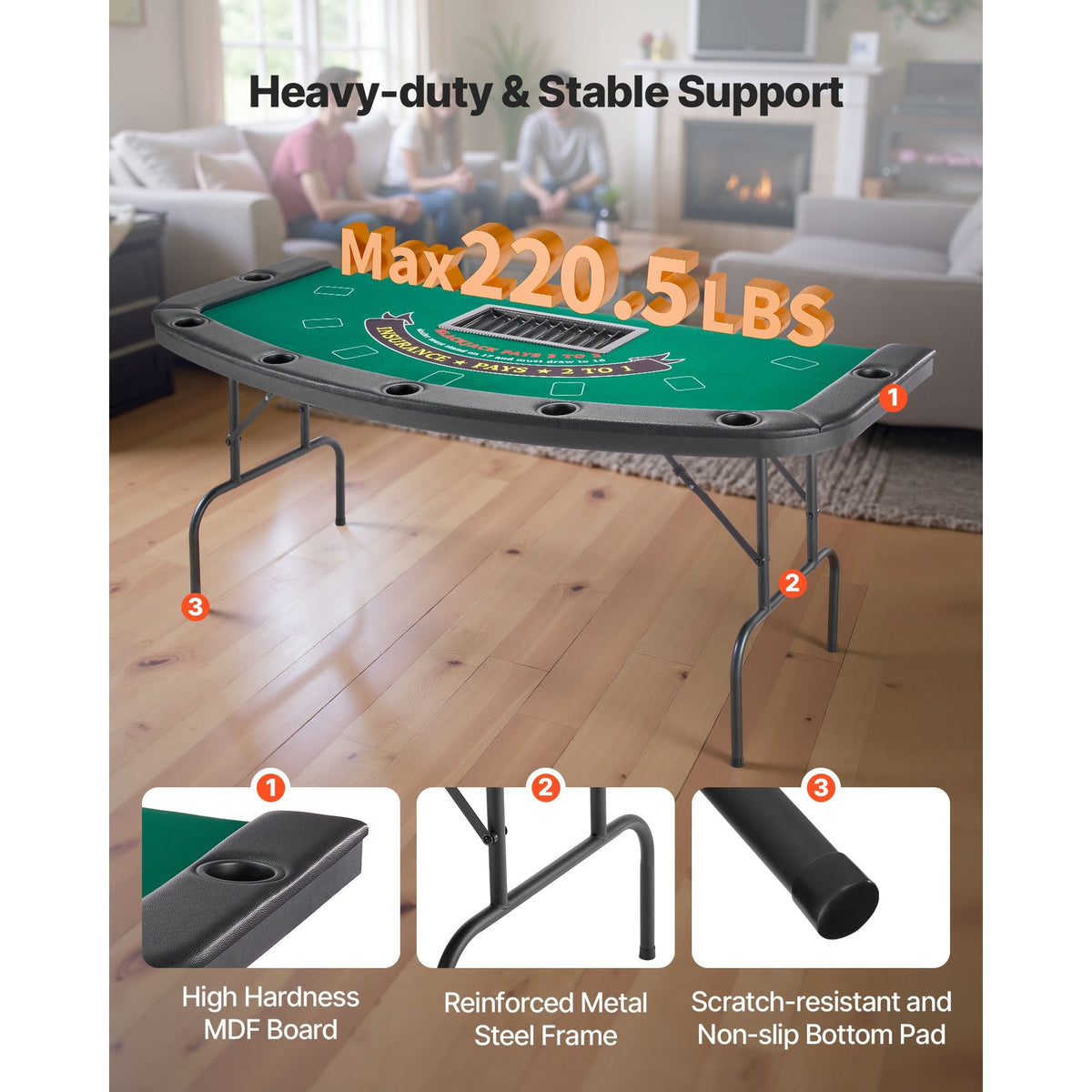 Foldable Poker Table, 7 Player 72 in Folding Casino Leisure Table with Padded Rails & Cup Holders, Semi-oval Portable Game Tables with Felt & Metal Legs, for Texas Hold'em Game and Blackjack