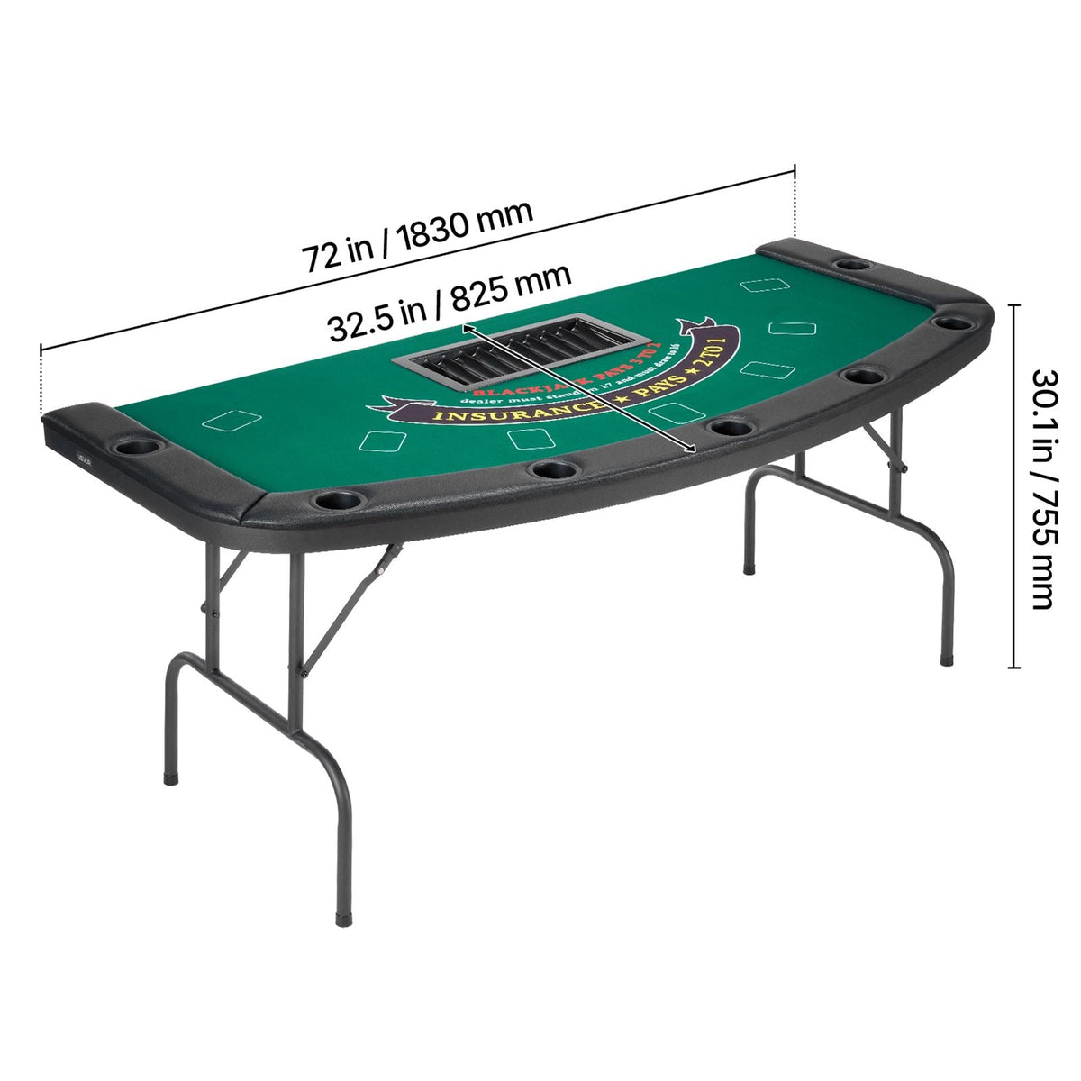 Foldable Poker Table, 7 Player 72 in Folding Casino Leisure Table with Padded Rails & Cup Holders, Semi-oval Portable Game Tables with Felt & Metal Legs, for Texas Hold'em Game and Blackjack