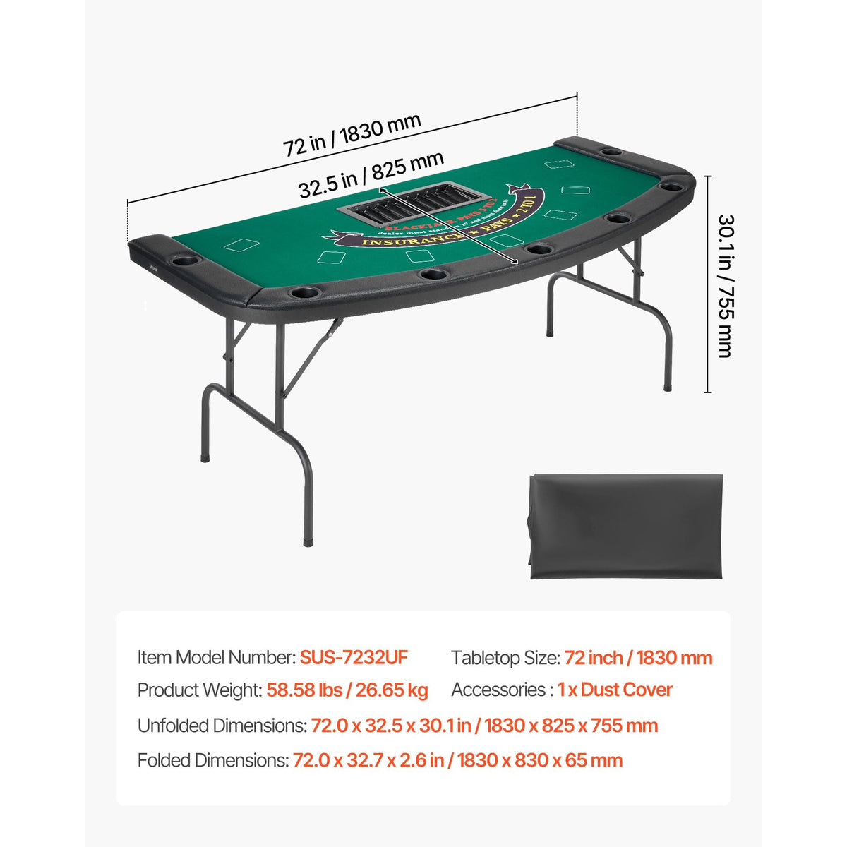 Foldable Poker Table, 7 Player 72 in Folding Casino Leisure Table with Padded Rails & Cup Holders, Semi-oval Portable Game Tables with Felt & Metal Legs, for Texas Hold'em Game and Blackjack