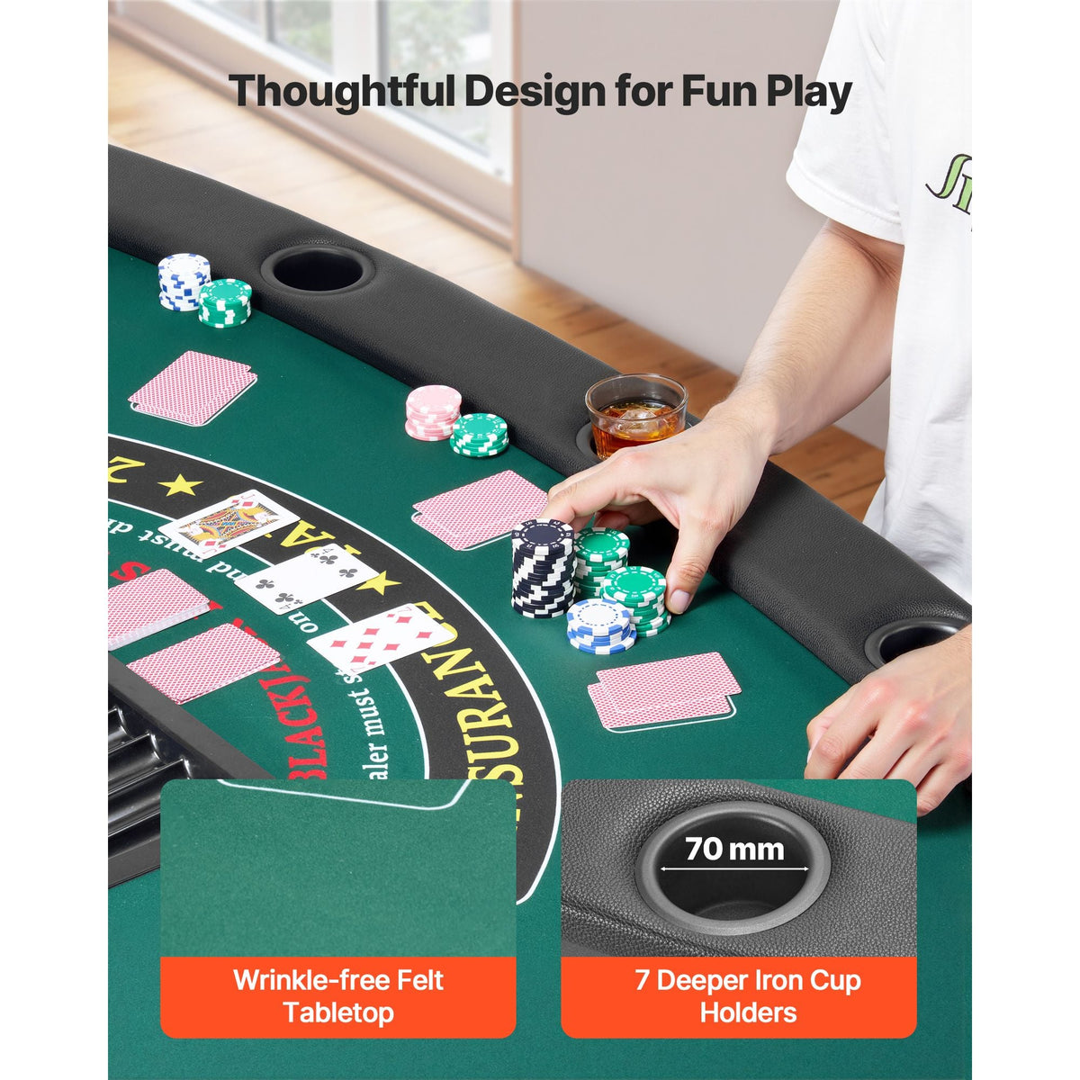 Foldable Poker Table, 7 Player 72 in Folding Casino Leisure Table with Padded Rails & Cup Holders, Semi-oval Portable Game Tables with Felt & Metal Legs, for Texas Hold'em Game and Blackjack