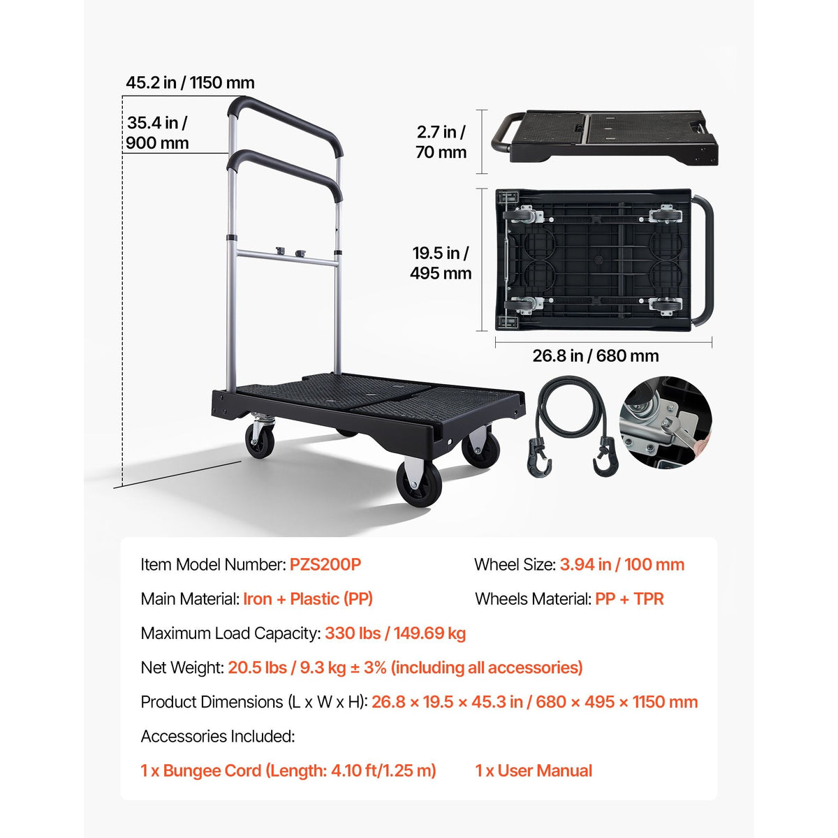 Foldable Push Cart Dolly, 330 lbs Capacity, Folding Platform Truck with Swivel Wheels, Moving Platform Hand Truck Flatbed Cart, Adjustable Push Handle, for Easy Storage, 26.8 x 19.5 x 4.5 in