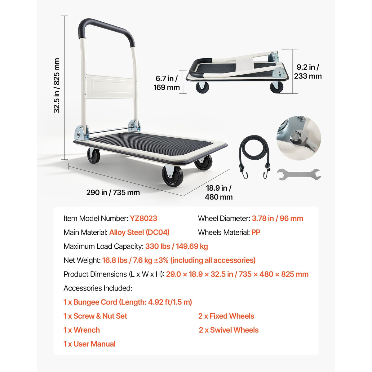 Foldable Push Cart Dolly, 330 lbs Load Capacity, Folding Platform Truck with Swivel Wheels, Moving Platform Hand Truck Flatbed Cart, Space Saving Push Handle, for Easy Storage, 29x18.9x32.5in