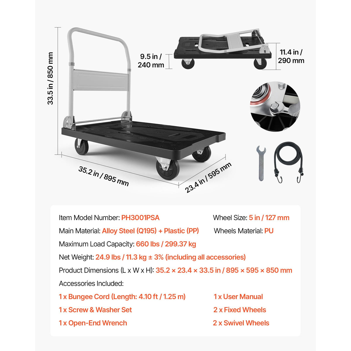 Foldable Push Cart Dolly, 660 lbs Capacity, Folding Platform Truck with Swivel Wheels, Moving Platform Hand Truck Flatbed Cart, Space Saving Push Handle, for Easy Storage, 35.2 x 23.4 x 33.5 in