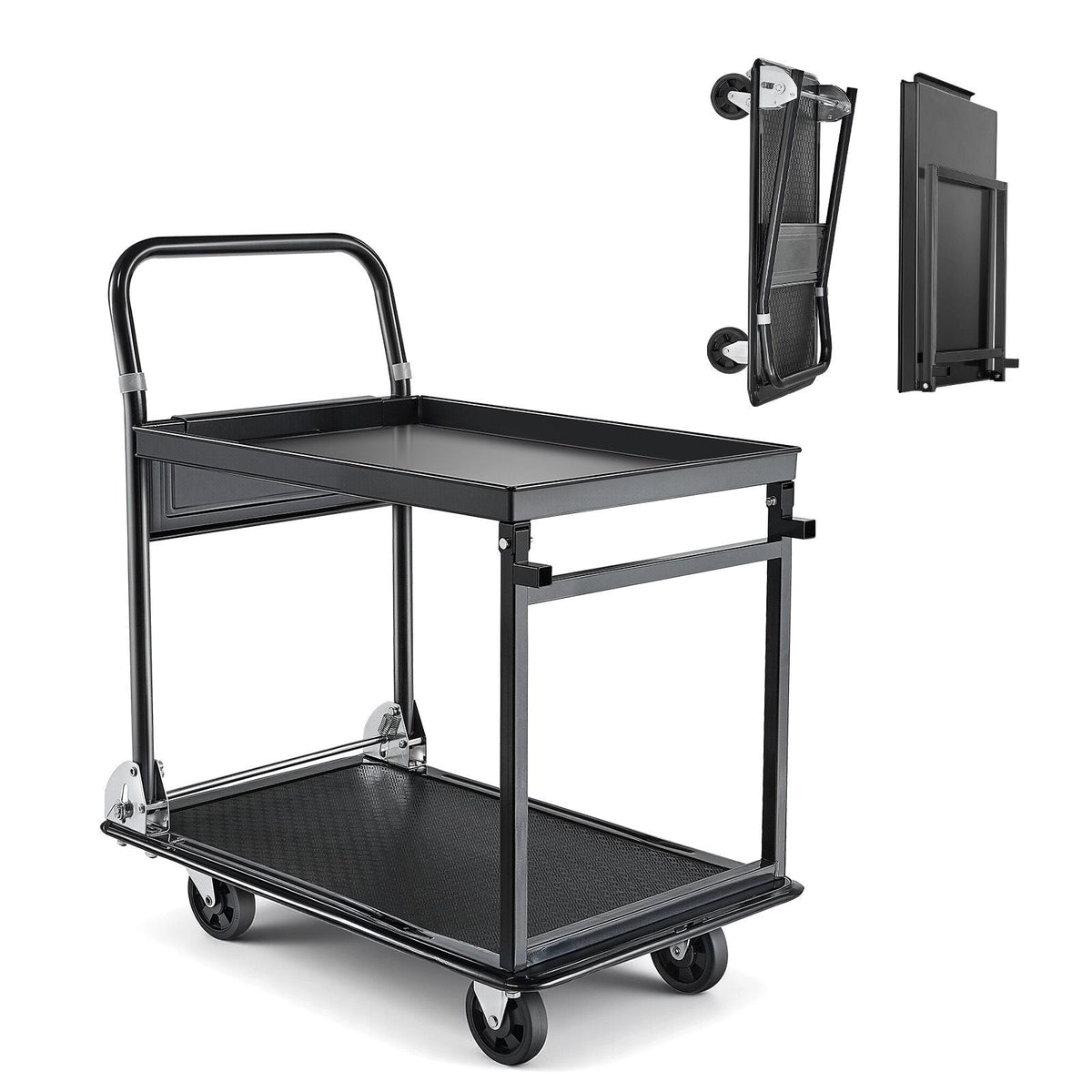 Foldable Push Cart Dolly, 700 lbs, Heavy Duty Platform Hand Truck with Wheels, High-Strength Steel, 2 Tier Moving Flatbed Cart, for Warehouse, Garage, Workshop, Office, 28.7 x 18.5 x 32.3 in