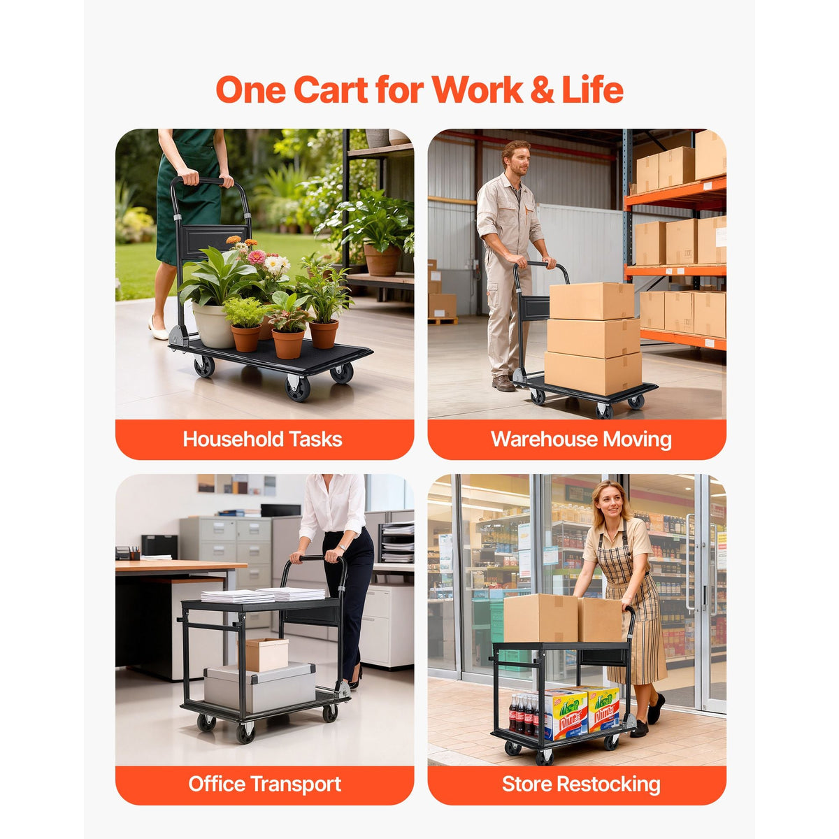 Foldable Push Cart Dolly, 700 lbs, Heavy Duty Platform Hand Truck with Wheels, High-Strength Steel, 2 Tier Moving Flatbed Cart, for Warehouse, Garage, Workshop, Office, 28.7 x 18.5 x 32.3 in