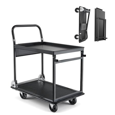 Foldable Push Cart Dolly, 700 lbs, Heavy Duty Platform Hand Truck with Wheels, High-Strength Steel, 2 Tier Moving Flatbed Cart, for Warehouse, Garage, Workshop, Office, 28.7 x 18.5 x 32.3 in