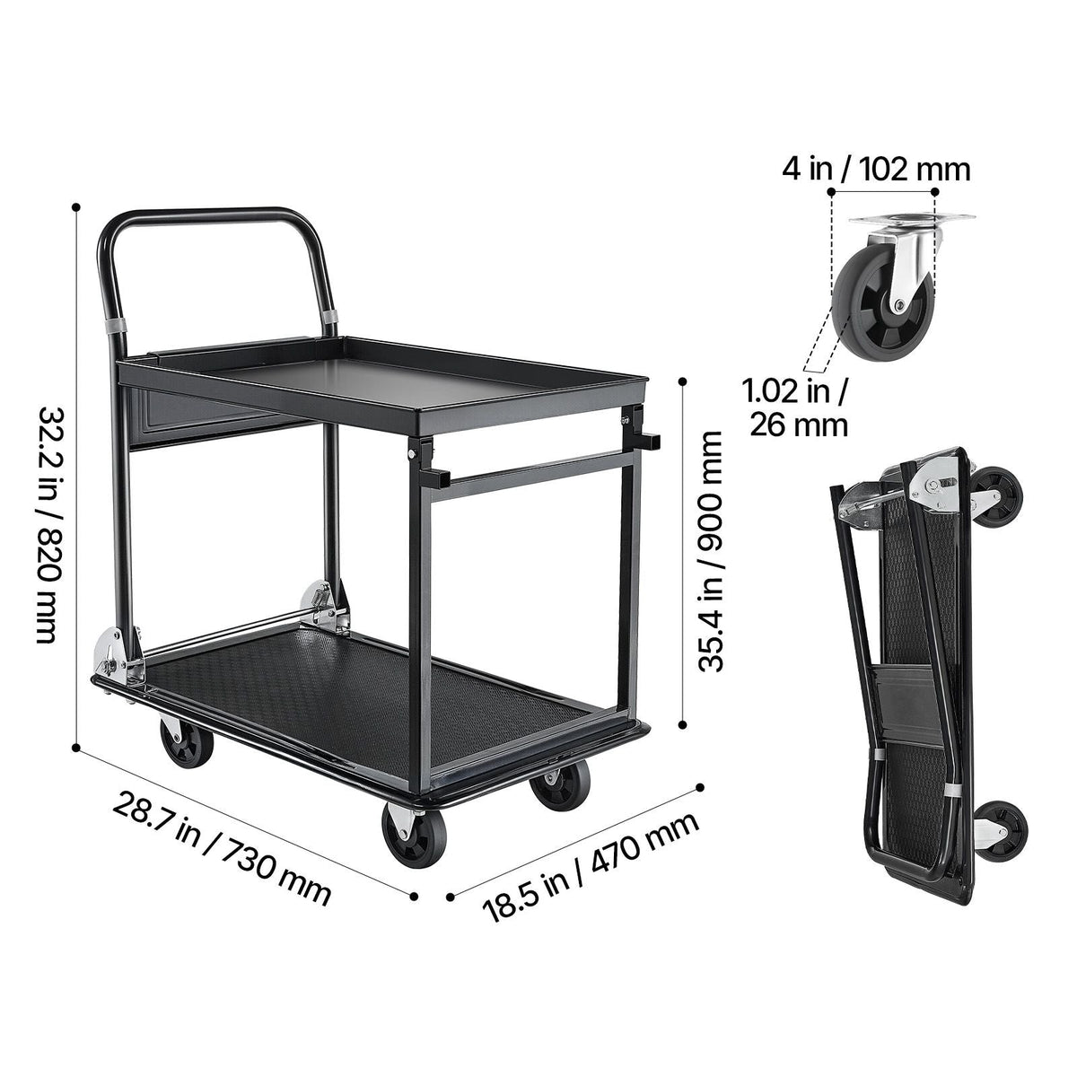 Foldable Push Cart Dolly, 700 lbs, Heavy Duty Platform Hand Truck with Wheels, High-Strength Steel, 2 Tier Moving Flatbed Cart, for Warehouse, Garage, Workshop, Office, 28.7 x 18.5 x 32.3 in