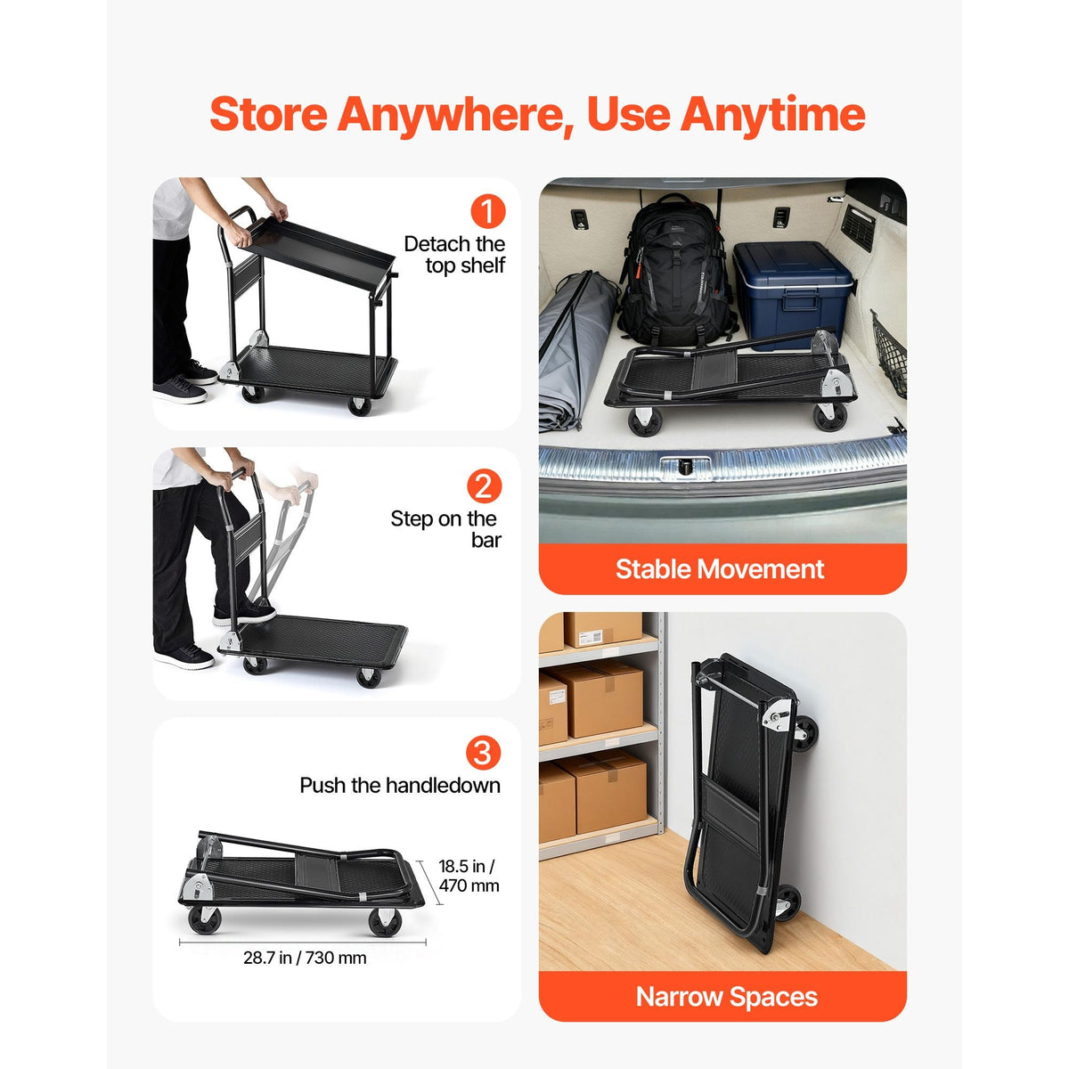 Foldable Push Cart Dolly, 700 lbs, Heavy Duty Platform Hand Truck with Wheels, High-Strength Steel, 2 Tier Moving Flatbed Cart, for Warehouse, Garage, Workshop, Office, 28.7 x 18.5 x 32.3 in
