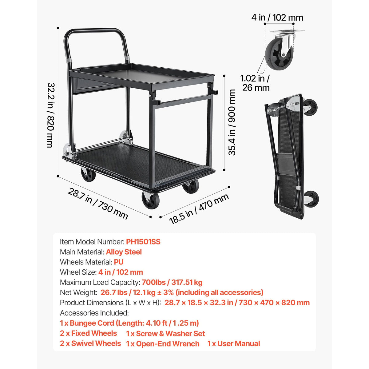 Foldable Push Cart Dolly, 700 lbs, Heavy Duty Platform Hand Truck with Wheels, High-Strength Steel, 2 Tier Moving Flatbed Cart, for Warehouse, Garage, Workshop, Office, 28.7 x 18.5 x 32.3 in