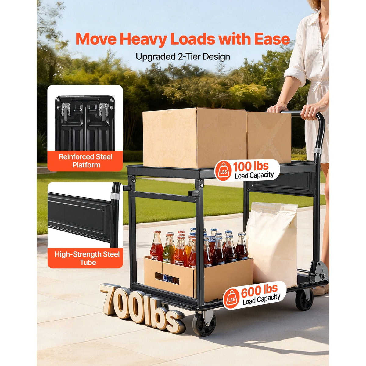 Foldable Push Cart Dolly, 700 lbs, Heavy Duty Platform Hand Truck with Wheels, High-Strength Steel, 2 Tier Moving Flatbed Cart, for Warehouse, Garage, Workshop, Office, 28.7 x 18.5 x 32.3 in
