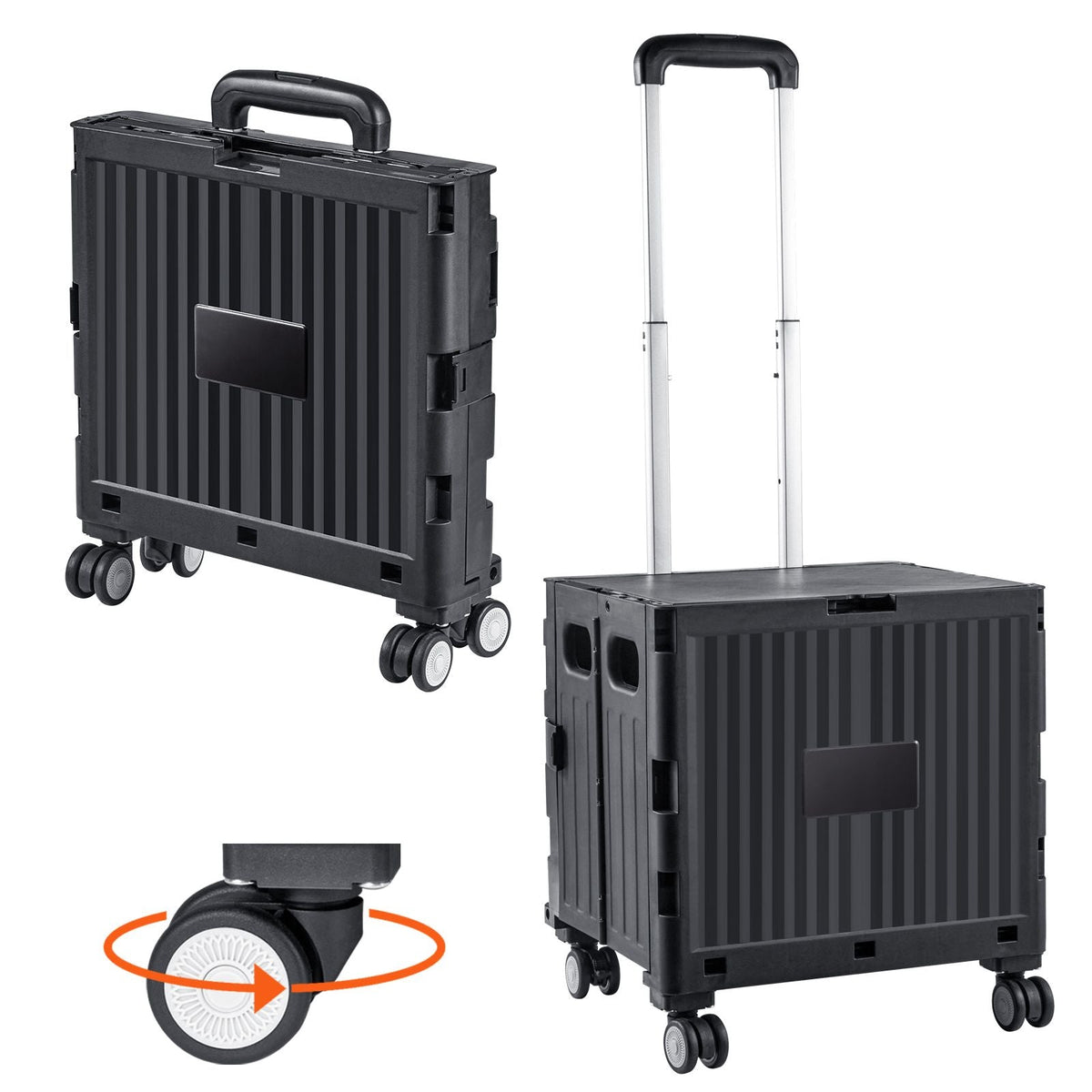 Foldable Utility Cart, 110 lbs Load Capacity, Folding Portable Rolling Crate Handcart with Heavy Duty Telescoping Handle and 4 Rotate Wheels for Travel Shopping Moving Luggage Office Use, Black