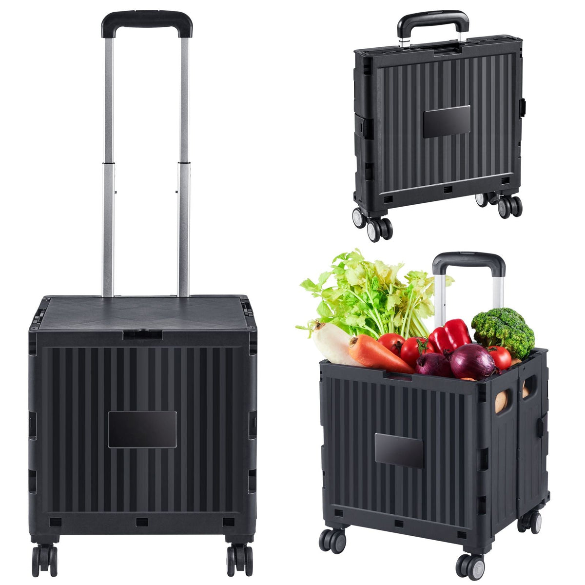 Foldable Utility Cart, 110 lbs Load Capacity, Folding Portable Rolling Crate Handcart with Heavy Duty Telescoping Handle and 4 Rotate Wheels for Travel Shopping Moving Luggage Office Use, Black