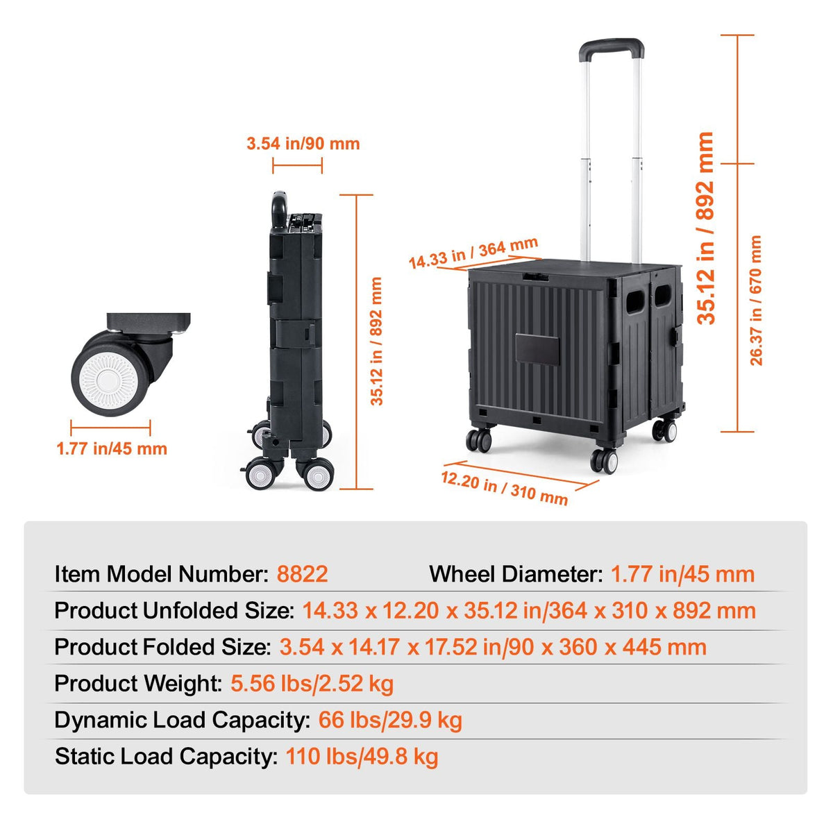 Foldable Utility Cart, 110 lbs Load Capacity, Folding Portable Rolling Crate Handcart with Heavy Duty Telescoping Handle and 4 Rotate Wheels for Travel Shopping Moving Luggage Office Use, Black