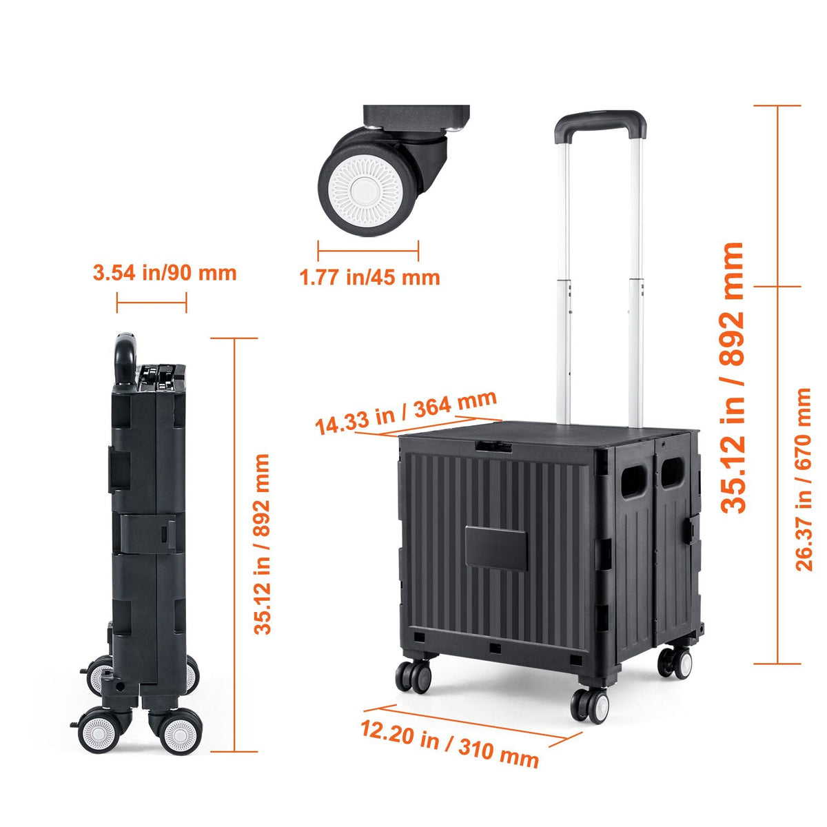 Foldable Utility Cart, 110 lbs Load Capacity, Folding Portable Rolling Crate Handcart with Heavy Duty Telescoping Handle and 4 Rotate Wheels for Travel Shopping Moving Luggage Office Use, Black