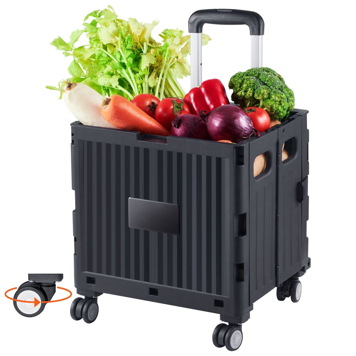 Foldable Utility Cart, 110 lbs Load Capacity, Folding Portable Rolling Crate Handcart with Heavy Duty Telescoping Handle and 4 Rotate Wheels for Travel Shopping Moving Luggage Office Use, Black