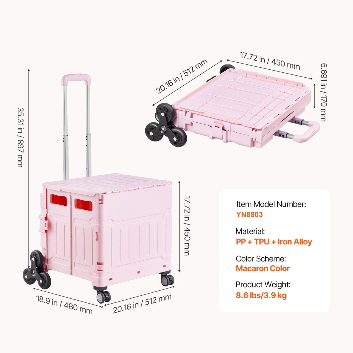 Foldable Utility Cart, 65L Collapsible Portable Crate Rolling Cart with Stair Climbing Wheels & 360° Swivel Wheels, Hand Cart with Telescoping Handle for Shopping Office Moving Teacher, Pink