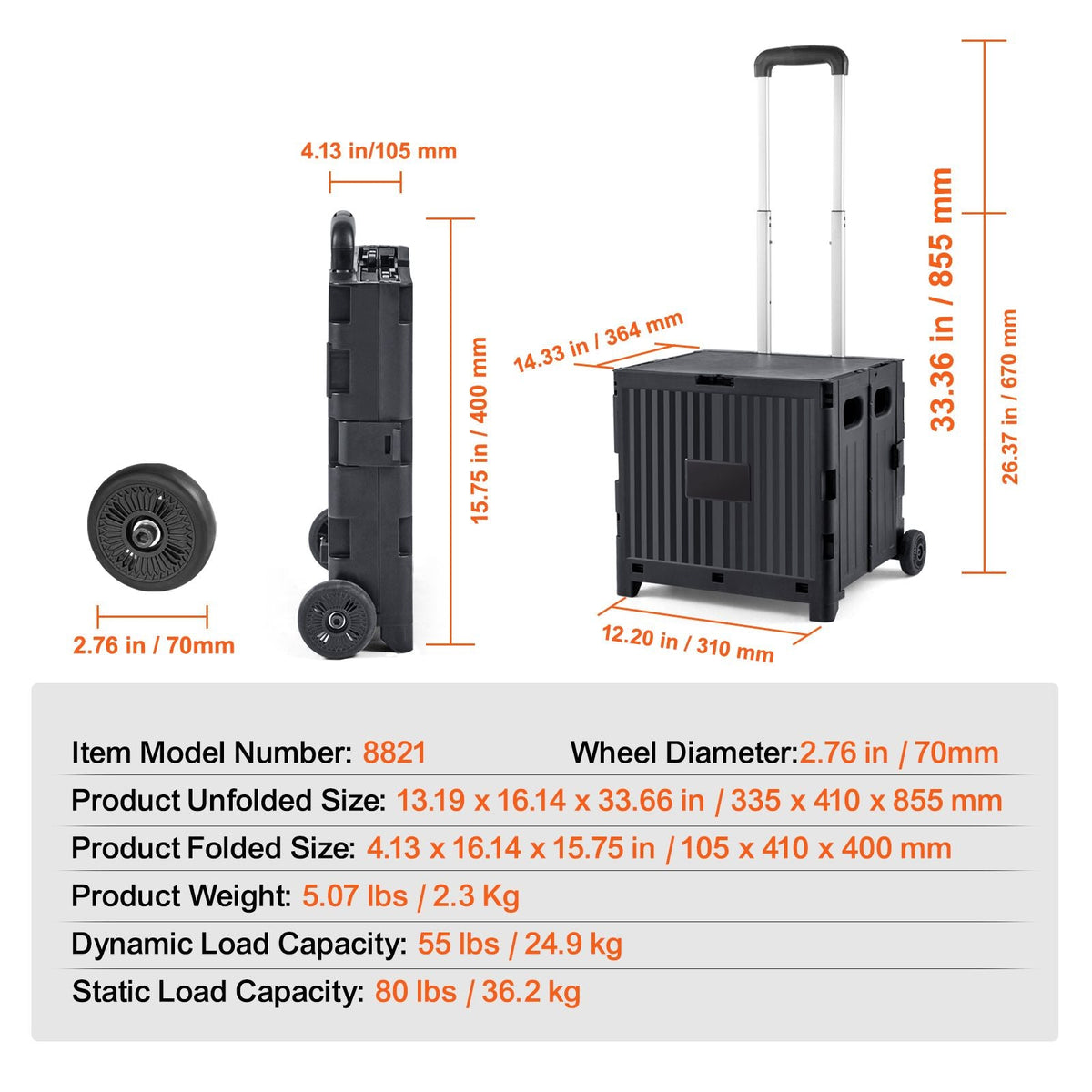 Foldable Utility Cart, 80 lbs Load Capacity, Folding Portable Rolling Crate Handcart with Durable Heavy Duty Telescoping Handle and 2 Wheels for Travel Shopping Moving Luggage Office Use, Black