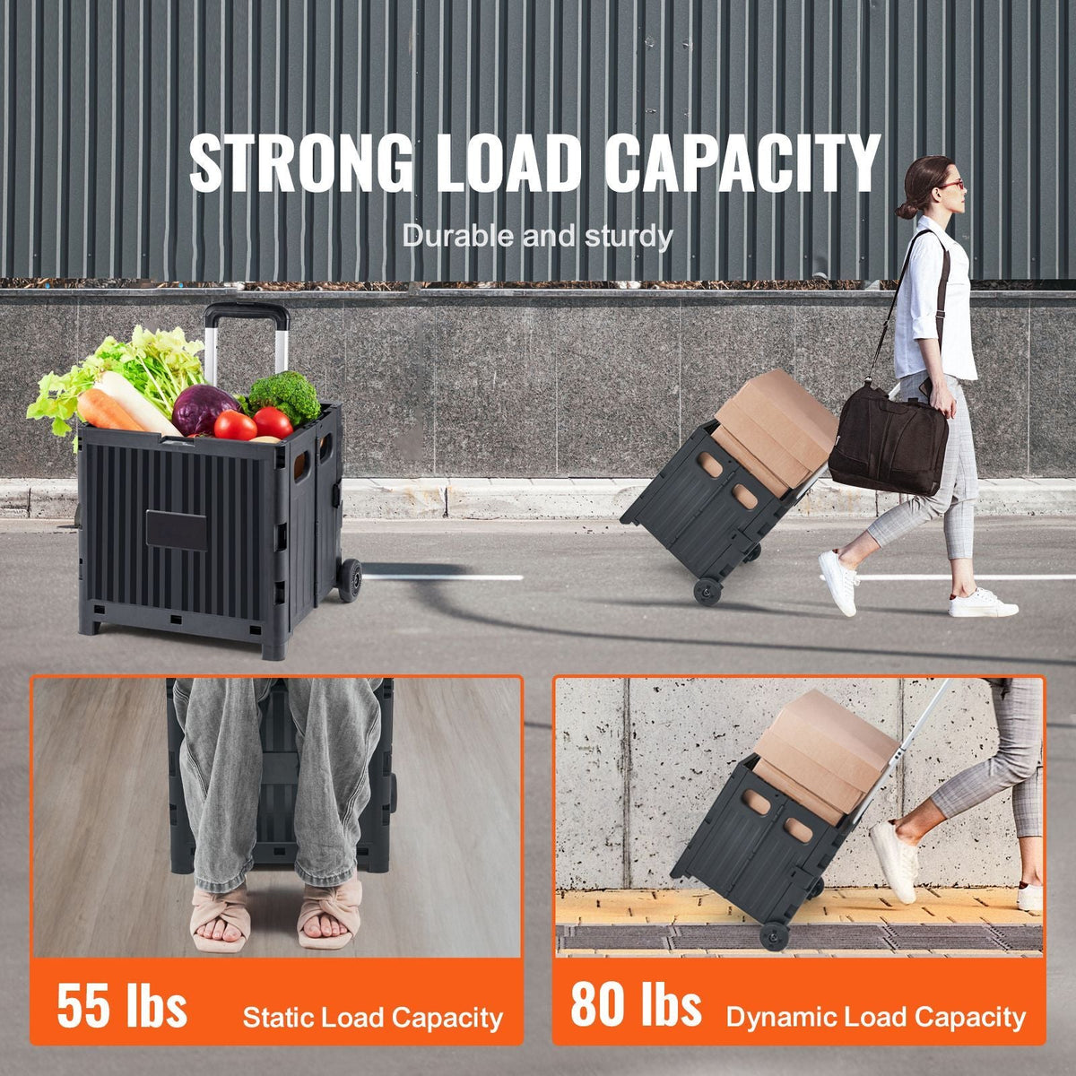 Foldable Utility Cart, 80 lbs Load Capacity, Folding Portable Rolling Crate Handcart with Durable Heavy Duty Telescoping Handle and 2 Wheels for Travel Shopping Moving Luggage Office Use, Black