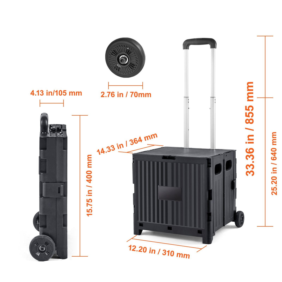 Foldable Utility Cart, 80 lbs Load Capacity, Folding Portable Rolling Crate Handcart with Durable Heavy Duty Telescoping Handle and 2 Wheels for Travel Shopping Moving Luggage Office Use, Black