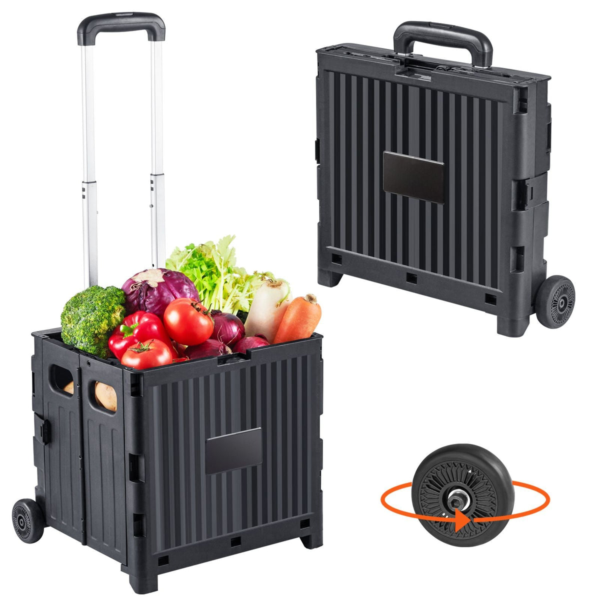 Foldable Utility Cart, 80 lbs Load Capacity, Folding Portable Rolling Crate Handcart with Durable Heavy Duty Telescoping Handle and 2 Wheels for Travel Shopping Moving Luggage Office Use, Black