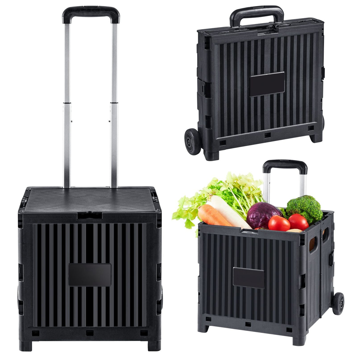 Foldable Utility Cart, 80 lbs Load Capacity, Folding Portable Rolling Crate Handcart with Durable Heavy Duty Telescoping Handle and 2 Wheels for Travel Shopping Moving Luggage Office Use, Black