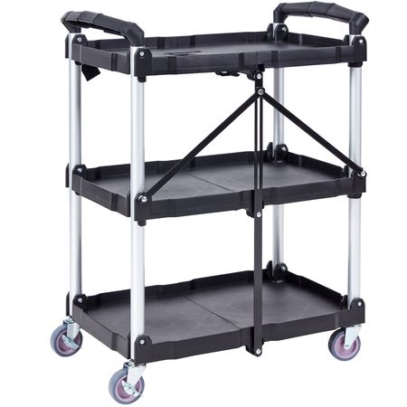 Foldable Utility Service Cart, 3 Shelf 165LBS Heavy Duty Plastic Rolling Cart with Lockable Wheels, Ergonomic Handle, Portable Garage Tool Cart for Warehouse/Office/Home(25.62"x15.43"x32.76")
