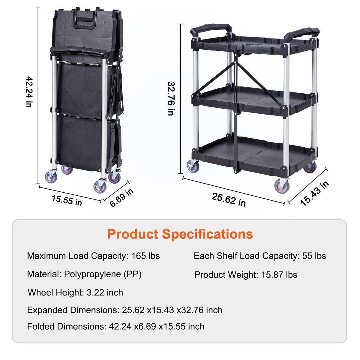 Foldable Utility Service Cart, 3 Shelf 165LBS Heavy Duty Plastic Rolling Cart with Lockable Wheels, Ergonomic Handle, Portable Garage Tool Cart for Warehouse/Office/Home(25.62"x15.43"x32.76")
