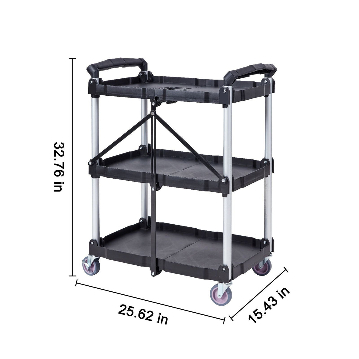 Foldable Utility Service Cart, 3 Shelf 165LBS Heavy Duty Plastic Rolling Cart with Lockable Wheels, Ergonomic Handle, Portable Garage Tool Cart for Warehouse/Office/Home(25.62"x15.43"x32.76")