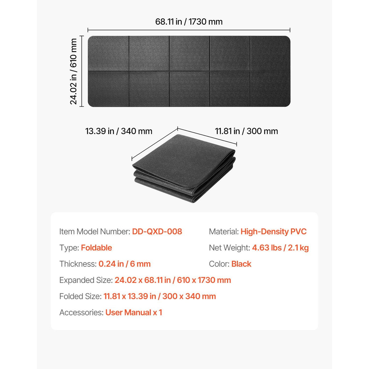 Foldable Walking Pad Treadmill Mat, 1/4" Thick, 24" x 68" Exercise Equipment Mat for Elliptical on Carpet Hardwood Floor, High Density PVC Floor Protector, Waterproof and Non-slip for Home Gym