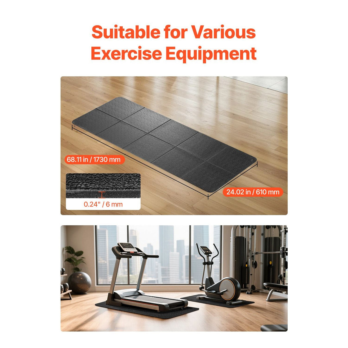 Foldable Walking Pad Treadmill Mat, 1/4" Thick, 24" x 68" Exercise Equipment Mat for Elliptical on Carpet Hardwood Floor, High Density PVC Floor Protector, Waterproof and Non-slip for Home Gym