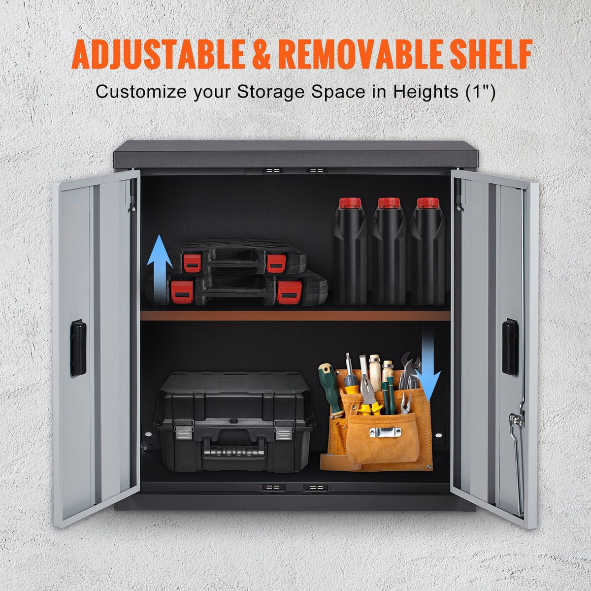 Foldable Wall Cabinet, Metal Garage Locker Mounted 26" Small Tool Chest 240 LBS Loading Capacity Adjustable Shelf Magnetic Door File for Warehouse Office Home Black