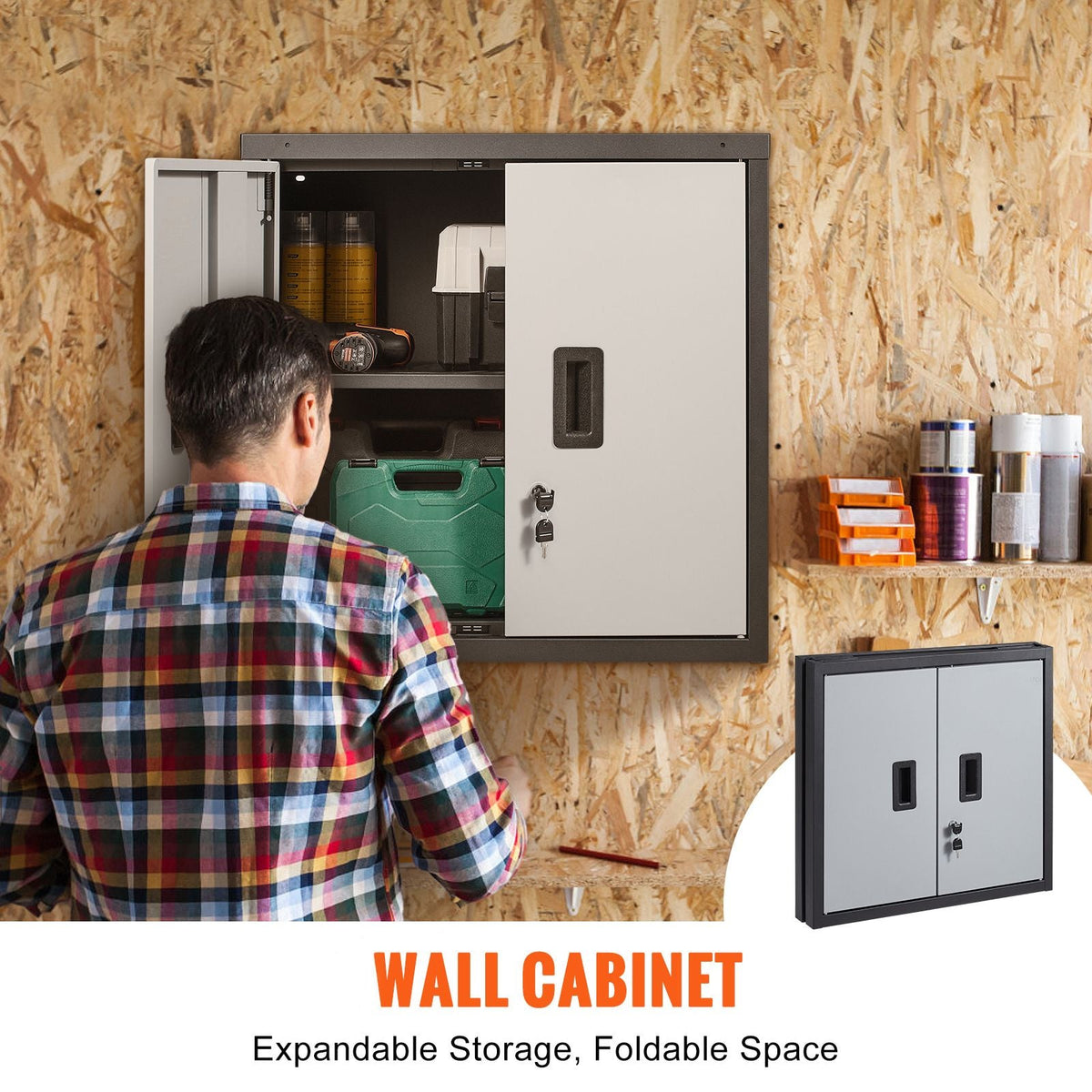 Foldable Wall Cabinet, Metal Garage Locker Mounted 26" Small Tool Chest 240 LBS Loading Capacity Adjustable Shelf Magnetic Door File for Warehouse Office Home Black