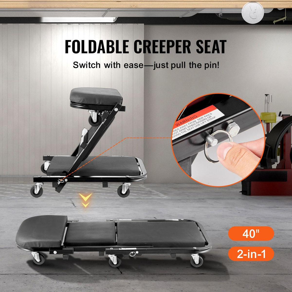 Foldable Z Garage Creeper, 40 in, 450 lbs Load Capacity Rolling Folding Mechanic Creeper Stool, with 6 Universal Wheels Padded Seat Steel Frame, Lay Down or Sit Chair for Garage Shop or Home
